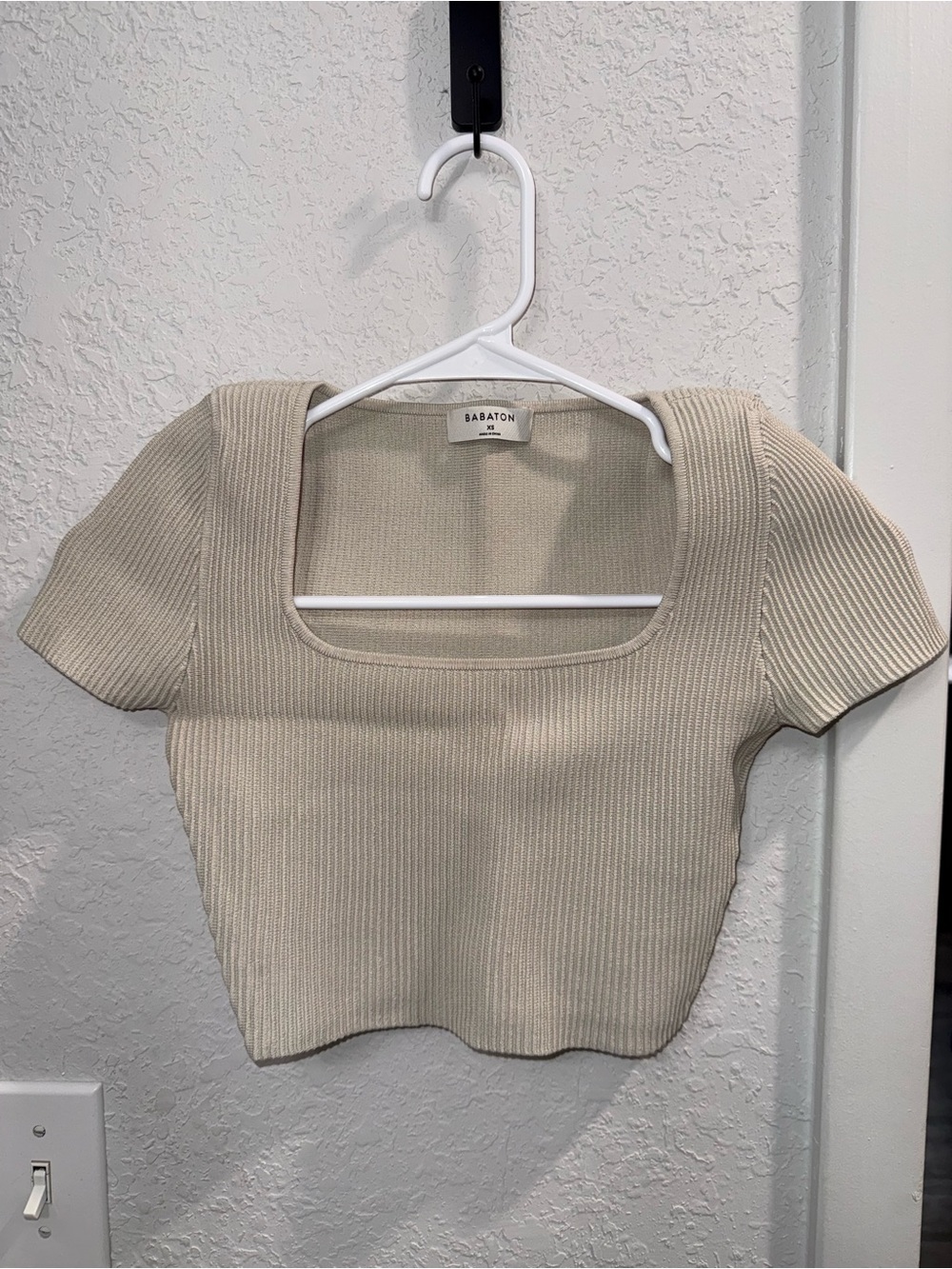 Babaton Beige Ribbed Square-Neck Crop Top